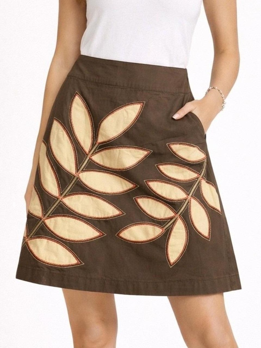 Boden A-Line Skirt with Leaf Appliqué & Zigzag Stitching, Size 4 (US) / 8 (UK)